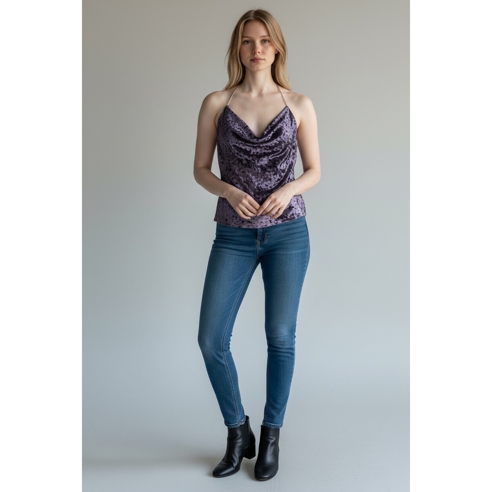 Essue Purple Crushed Velvet Cowl Neck Chain T-Back Camisole Top LT13116 NWT M